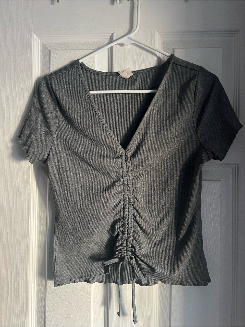 One Step Ahead Charcoal Ruched V-Neck Drawstring Crop Top